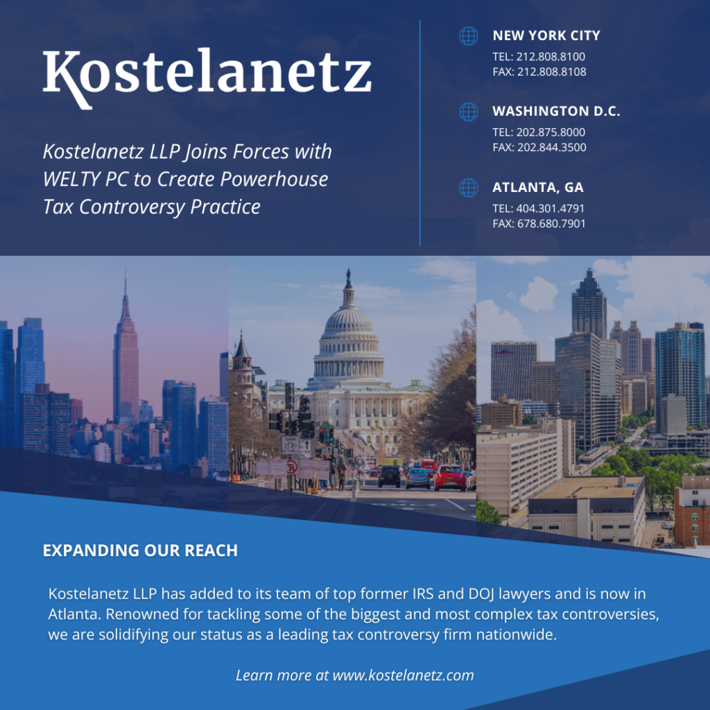 Images of New York City, Washington, D.C., and Atlanta, Ga., where Kostelanetz offices will be following combination of Kostelanetz LLP and Welty PC.